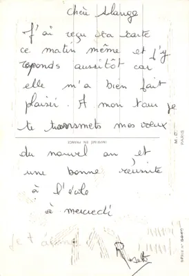 Zamieczony wioska — scenka Bożego Narodzenia z budynkiem z czerwonym dzwonnikiem — wydawca M.D. PARIS, seria N° 8940 — Rewers