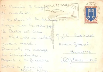 Two naked men and a hen — humorous scene — publisher MAISON CAVALAIRE S/MER — Back