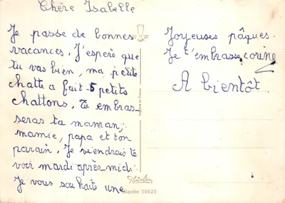 Deux poussins à la plage — scène de Pâques avec parasol et radio — éditeur de RON GOUT — 裏面