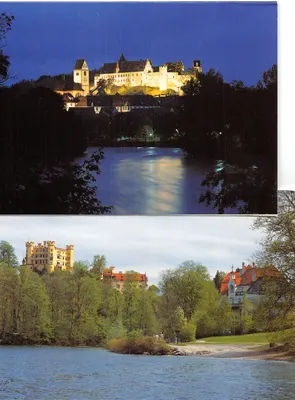 Schloss Hohenschwangau — château illuminé la nuit et vue diurne — éditeur Franz Milz Verlag, n° 117/52