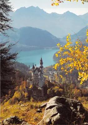 Schloss Neuschwanstein — vue sur le lac Alpsee et les monts Tannheim — éditeur Franz Miliz Verlag, n° 118/406