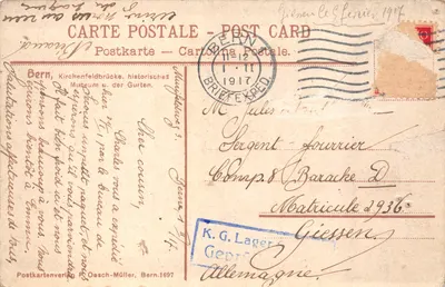 ベルン、キルヒェンフェルトブルッケ — 鉄橋と歴史的城塞の風景 — 発行元 Postkartenverlag Oesch-Müller, n°1697 — 裏面