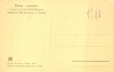 Parma - Cathédrale — Les grands lions de la Porte Maggiore sculptés en 1281 par Giambono da Bissone — Éditeur F.lli Bocchialini, n° 35971 — Verso