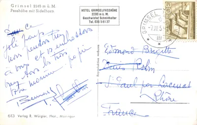 GrimseLPasshöhe — view of the pass with the Sidelhorn in the background — publisher Verlag R. Würgler, Phot., Meiringen, no. 613 — Back