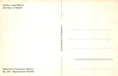 日内瓦 - 威尔逊码头 — 喷泉全景，花卉与山脉 — G. D'Aguanno 出版社，编号 1075 — 背面
