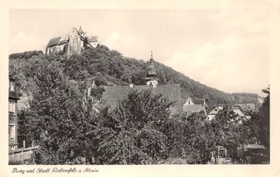 Burg und Stadt Rothenfels a. Main — château sur colline, éditeur Graph. Kunst- und Verlagsanstalt A. Weber & Co. Stuttgart, n° 160815