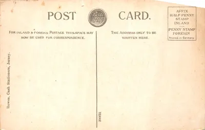 Portelet Bay — vue de la baie avec un petit phare sur une petite île — éditeur Rowes, Cash Stationers, Jersey — Verso