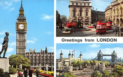 Londres — vue de Big Ben, bus rouges et Tower Bridge — éditeur John Hinde Ltd