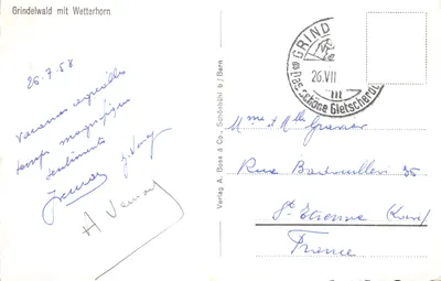 Grindelwald z Wetterhorn — panoramiczny widok wsi i zasnieżonego szczytu — wydawca Verlag A. Boss & Co. Schönbühl, n° B 6122 — Rewers
