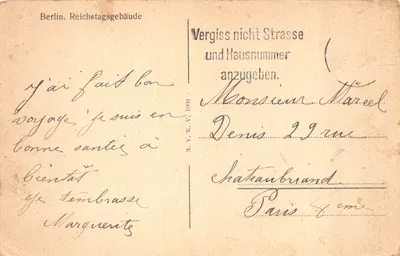Berlin. Reichstagsgebäude — vue du bâtiment avec inscription 'DEM DEUTSCHEN VOLKE' — éditeur N.V.K.V. 1002 — Verso