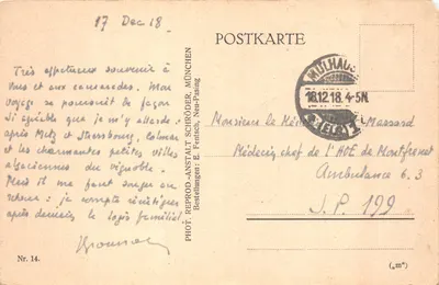 Colmar — widok panoramiczny z Kaysersberg — wydawca G. Vogesen, drukarz w Colmarze — Rewers