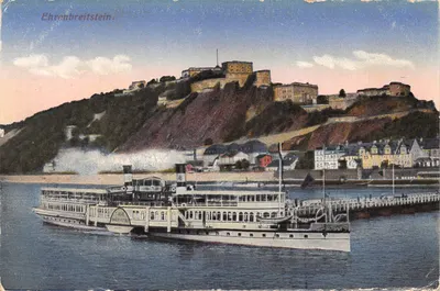 Ehrenbreitstein — château sur falaise et bateau à vapeur — éditeur non visible