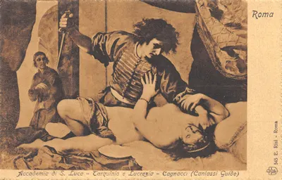 Tarquinio et Lucrezia — scène de la peinture de Guido Cagnacci — éditeur E. Risi, Roma