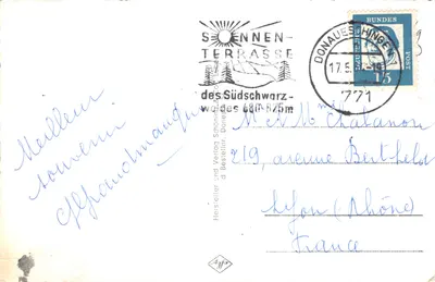 Donaueschingen - Quellentempel — temple à la source avec inscription latine et cascade, éditeur Hersteller und Verlag Schöning & Co — 뒷면