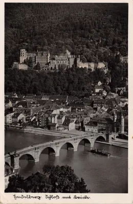 Heidelberg — Vue aérienne du château et du pont sur le Rhin — éditeur Alt Heidelberg