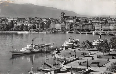Genève — vue générale avec quai et bateaux à vapeur — Éditions Jaeger