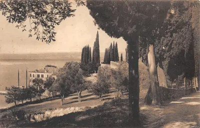 Vue de la Côte d'Azur — maison et cypres au bord de la mer — éditeur non visible