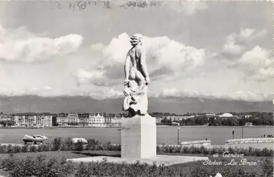 Statue "La Brise" — Genève, vue sur le lac et les montagnes — éditeur C. Sartori, n° 68