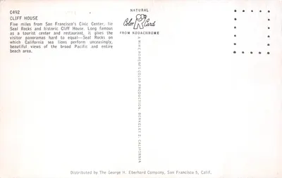 Cliff House — restaurant et centre touristique — éditeur Mike Roberts's Color Card, n° C492 — Verso