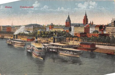 Mainz — vue panoramique du Rhin avec bateaux à vapeur — éditeur Ludwig Feist, n° 6161