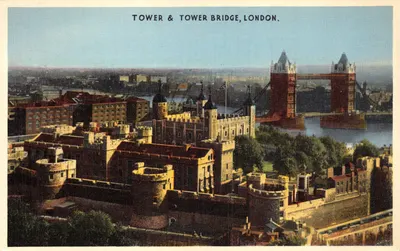 Tower & Tower Bridge, London — vue aérienne du Tower of London et du Tower Bridge, éditeur R.D. Freeman & Co., Ltd. N.W. 10