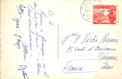 Lac Champex — widok na jezioro z zasneżonymi górami — Édition Phot. Petrochet, Lausanne, n° 405 — Rewers