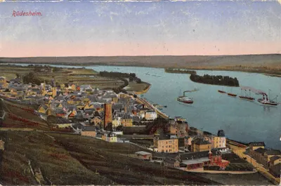 Rüdesheim — vue panoramique du Rhin et des bateaux à vapeur — éditeur Gerhard Blümlein & Co., Frankfurter Straße
