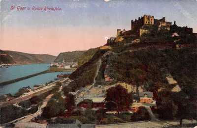 St. Goar u. Ruine Rheinfels — vue du château ruiné sur la rive du Rhin — éditeur Gerhard Blümlen & Co. Frankfurt a.M
