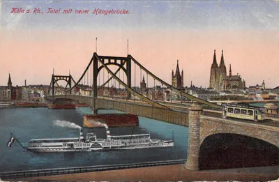 Cologne a. Rh., Total mit neuer Hängebrücke — vue de la ville avec la nouvelle passerelle suspendue et le Rhin, éditeur Gerhard Bihlmein & Co., Frankfurt a. M