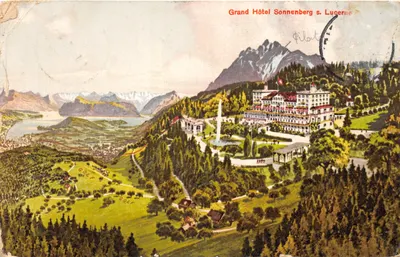 Grand Hôtel Sonnenberg s. Lucerne — vue panoramique du bâtiment et du lac avec un parcours de golf — éditeur Art. Institut Orall Füssli, Zürich
