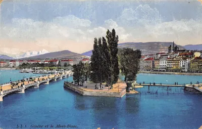Genève et le Mont-Blanc — vue du lac avec pont et île — éditeur J.J.1