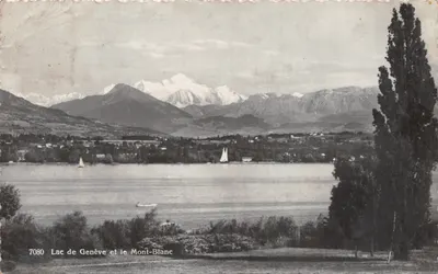 Lac de Genève et le Mont-Blanc — vue panoramique avec montagnes enneigées et voiliers — éditeur VIAN, n° 7080