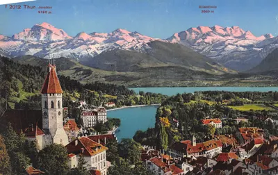 Thun, Jungfraujoch — vue panoramique avec lac et montagnes enneigées — Édition Photoglob, Zürich