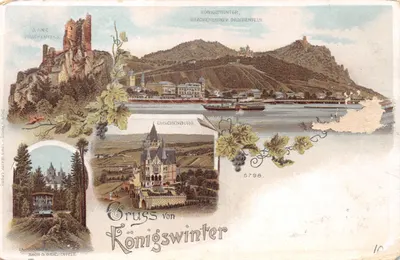 Königswinter — Ruine Drachenfels, Drachenburg et Zahnradbahn — imprimé par Zahn u. Verlag v. Louis Glaser, Leipzig, n° 5798
