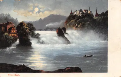 Rheinfall — chute du Rhin sous la lune — éditeur Verlag von E. Bleuler's Erben, Schloss Laufen am Rheinfall, n°23