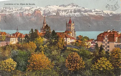 Lausanne et les Alpes de Savoie — vue panoramique avec église et lac, éditeur Art. S.A. Schnegg, n° 1225