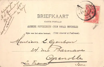 Muzyk grający na skrzypcach — scena uliczna przed domem — wydawca D. 48. Lichtdr. J. M. Schalekamp, Buiksloot — Rewers