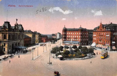 Mainz. Bahnhofsplatz — place centrale avec gare et tramway — éditeur Ottmar Zieher, München