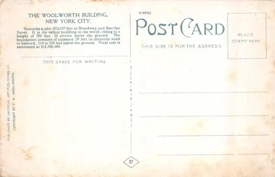 Woolworth Building, New York City — vue de l'édifice emblématique avec texte imprimé en haut et en bas, éditeur American Art Publishing Co. n° R-43753 — 뒷면