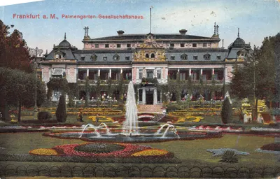 Frankfurt a. M., Palmengarten-Gesellschaftshaus — bâtiment orné, jardin fleuri avec fontaine — éditeur inconnu, n° de série 22/31