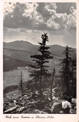 Blick zum Grossen- und Kleinen Arber — vue panoramique des montagnes avec texte imprimé et éditeur 'Aufn. u. Verlag: Anton Pech'