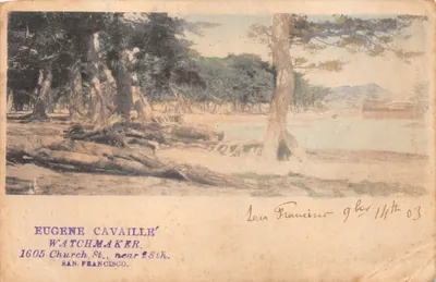 Scène de forêt bordant un lac — Eugène Cavaille, horloger, 1605 Church St., San Francisco