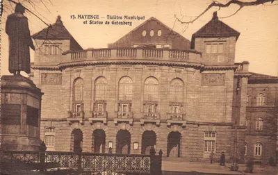 Mayence — Théâtre Municipal et Statue de Gutenberg — éditeur impr. sur la carte