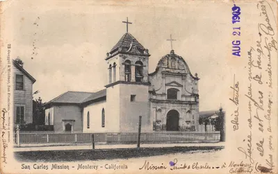San Carlos Mission — Monterey, Californie — Imprimé par Goegeel & Wächter, San Francisco, n° 66365