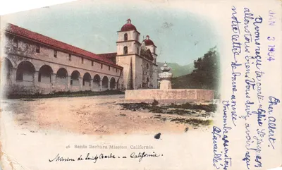 Mission de Santa Barbara — édifice avec clocher et fontaine — éditeur 'Private Mailing Card' n°46