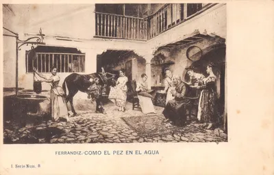 Ferrandiz — scène de cour intérieure avec un cheval et des femmes — éditeur Ferrandiz, série Num. 8