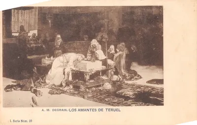 Les amants de Teruel — scène intérieure avec figures en habits traditionnels — A. M. DEGRAIN, série Núm. 10