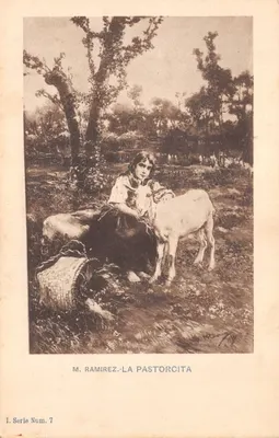 La Pastorcita — scène pastorale avec une jeune fille et un agneau — M. Ramírez, I. Serie Num. 7