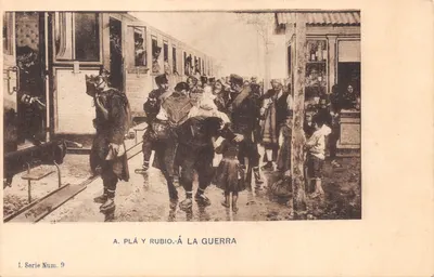 Soldats et civils à la gare — scène de départ — A. Plá y Rubio, série Núm. 9