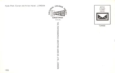 Hyde Park Corner et l'Hôtel Hilton — vue panoramique avec l'Arc de Triomphe de Wellington et un gratte-ciel — éditeur THE PHOTOGRAPHIC GREETING CARD CO., LTD., LONDON, n° 1305 — 뒷면